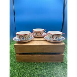 Vintage Kutani Japanese Porcelain Teacups/Saucers - Set of 3 Geisha Tea Cups